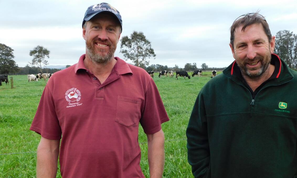 Pyree district farmers in NSW's Shoalhaven Valley, Tim Cochrane and Brett Chittick, feel Norco's investment in Lion Dairy and Drinks processing assets would "tick all the boxes" for dairy farmers. Photo: Hayley Warden. 