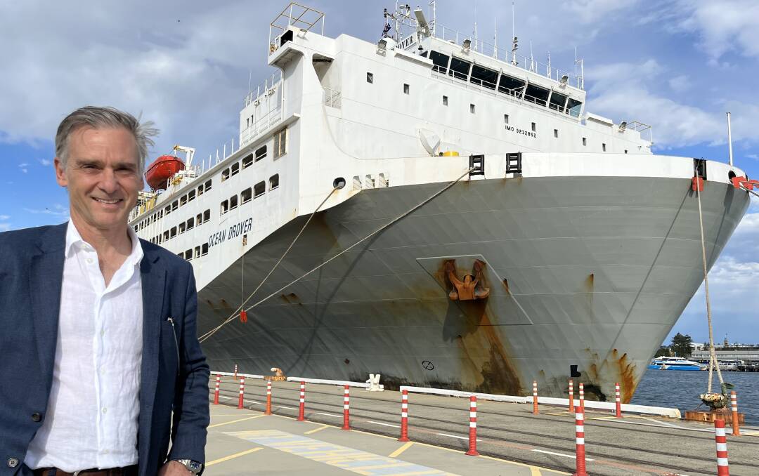 Wellard executive chairman John Klepec in front of the company's Ocean Drover at its home port of Fremantle. Photo supplied.