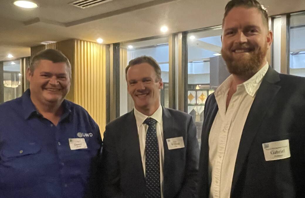 NSW Farm Writers forum guest speaker and senior director at LAWD marketing group, Danny Thomas, with Farm Writers vice president, Wilfred Finn, and assistant manager with horticultural farmland investment manager Regenal Management Services, Gabriel Passmore. 