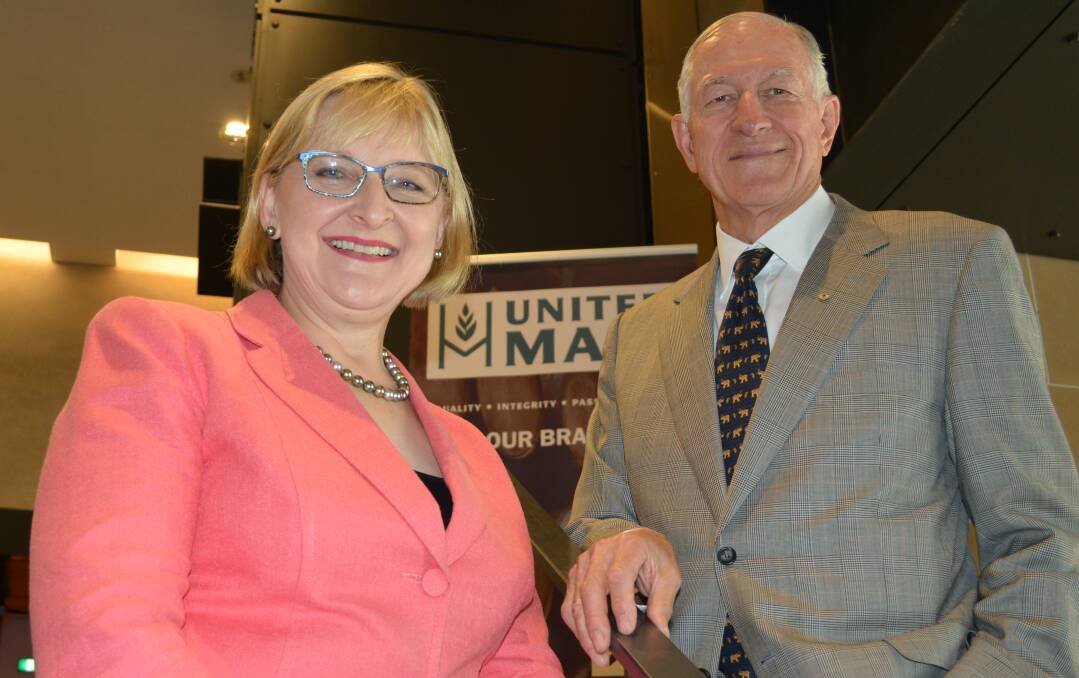 Newly elected United Malt Group board director and NSW Southern Tablelands grazier, Christine Feldmanis and chairman, Graham Bradley. Photo: Andrew Marshall.
