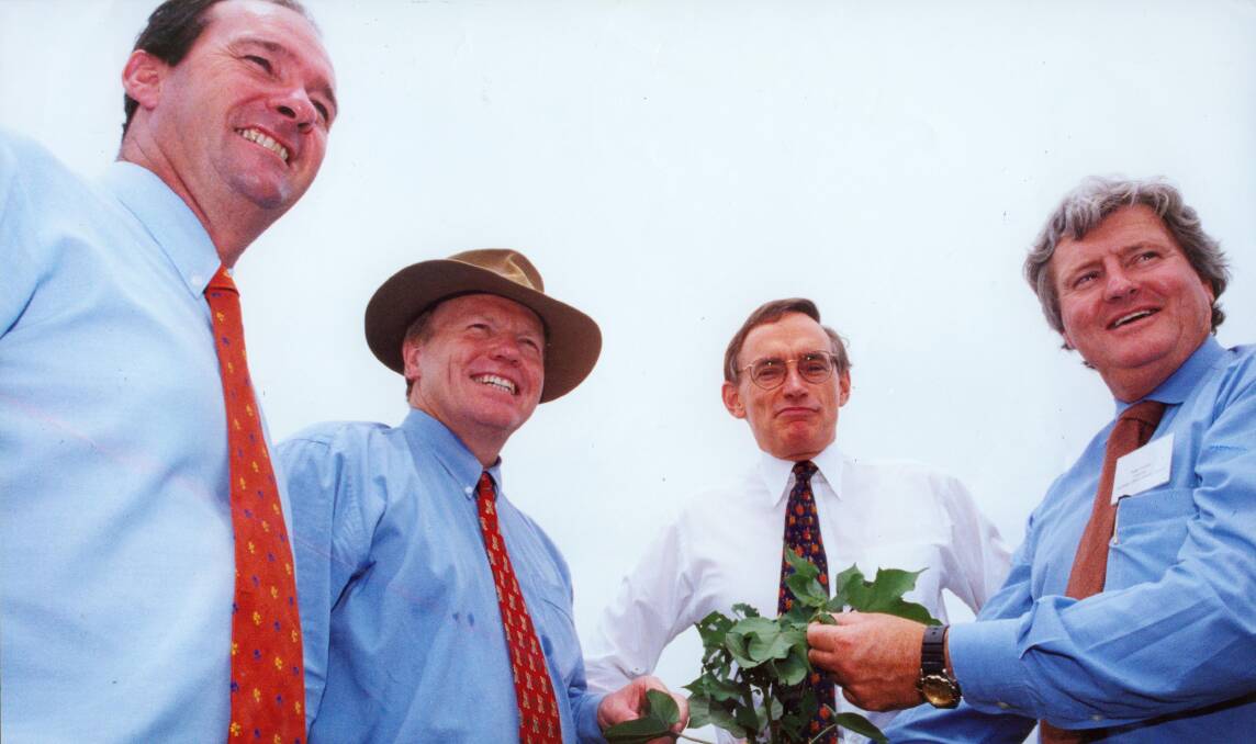 On-farm: Federal Trade Minister Mark Vaile, with Queensland and NSW Premiers Peter Beattie and Bob Carr and cotton grower, turned Cotton Australia president, then National Farmers Federation president, Peter Corish, in a cotton crop in the early 2000s.