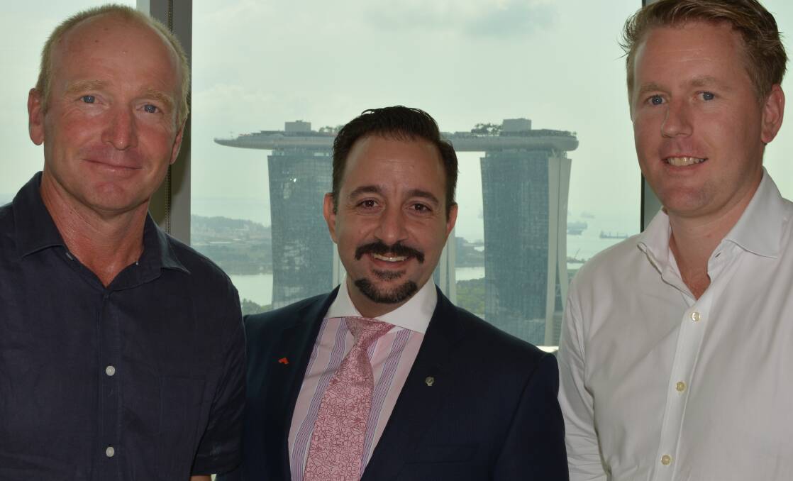 Daryl Smith, Glenville Merino and Poll Merino stud, Cowell, South Australia, with Fairmont Singapore food and beverage general manager, Emmanuel Benardos and ANZ Banking Group Singapore's Australia and New Zealand desk head, Ben Smith.