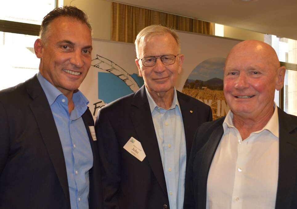 Australian Community Media co-owner Antony Catalano at the Farm Writers Association of NSW forum talking to the company's previous chairman and managing director during its publicly listed Rural Press era, John Fairfax and Brian McCarthy.