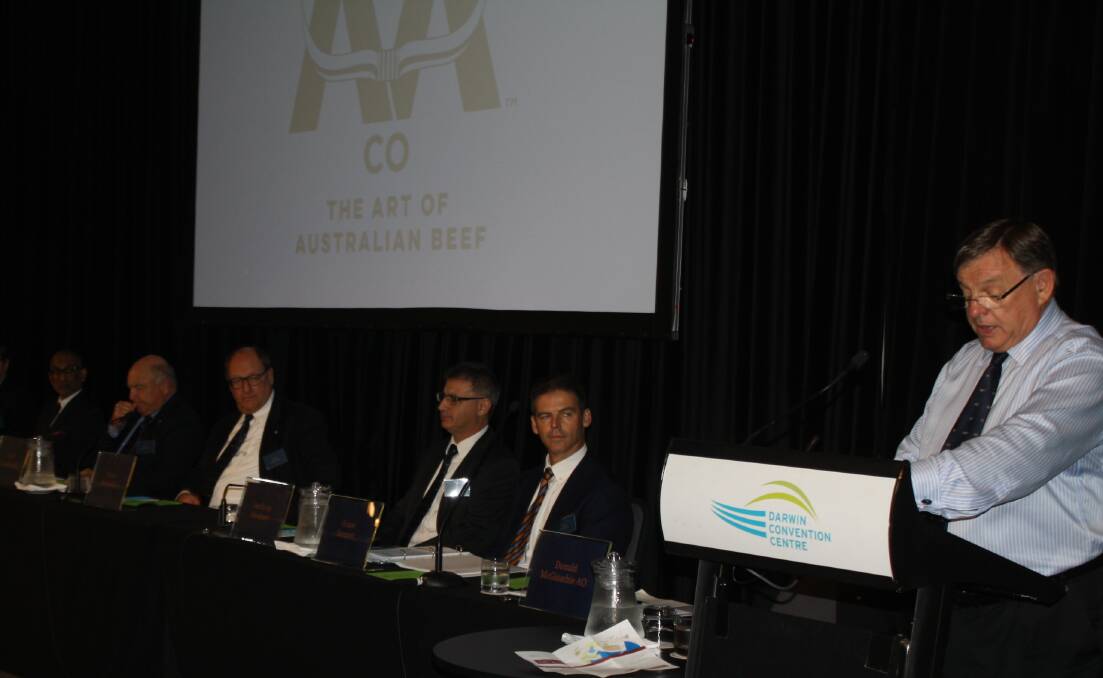 Australian Agricultural Company (AACo) chairman, Donald McGauchie, with other directors, as he addresses a modest shareholder crowd in Darwin.