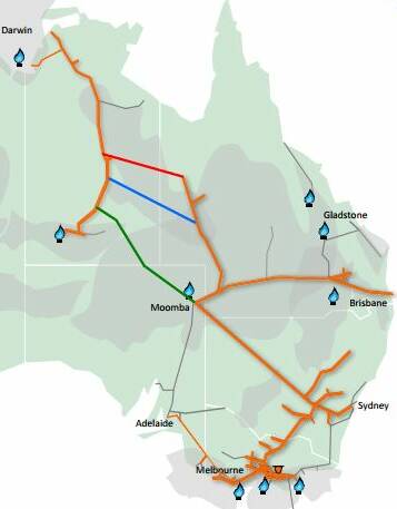 Incitec Pivot's 3300 kilometer gas supply route will follow the APA pipeline from Alice Springs to Tennant Creek, then across to Mount Isa (in red) then moving south on APA pipelines to Brisbane.