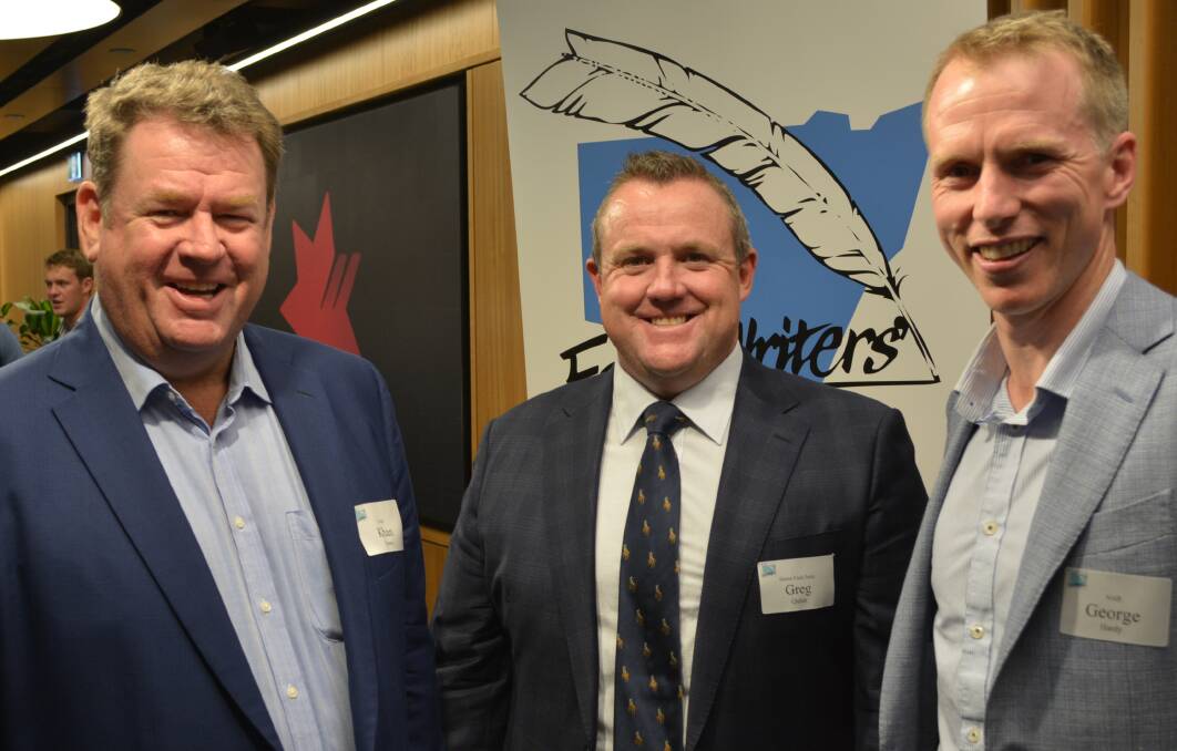 Agribuzz host and National Australia Banks regional and agribusiness banking executive, Khan Horne, with guest speaker, and Grove Juice managing director, Greg Quinn, and Farm Writers Association of NSW president, George Hardy.
