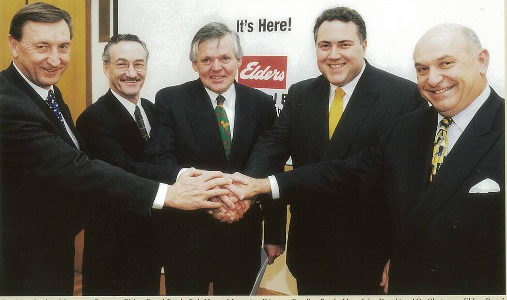 Financial flashback to 2000: Elders Rural Bank managing director, Ian Mainsbridge and Bendigo Bank managing director, Rob Hunt, with the new bank's chairman and former Keating Government Treasurer, John Dawkins, with Howard Government Financial Services Minister, Joe Hockey and Elders managing director, David Hills at the official launch. 