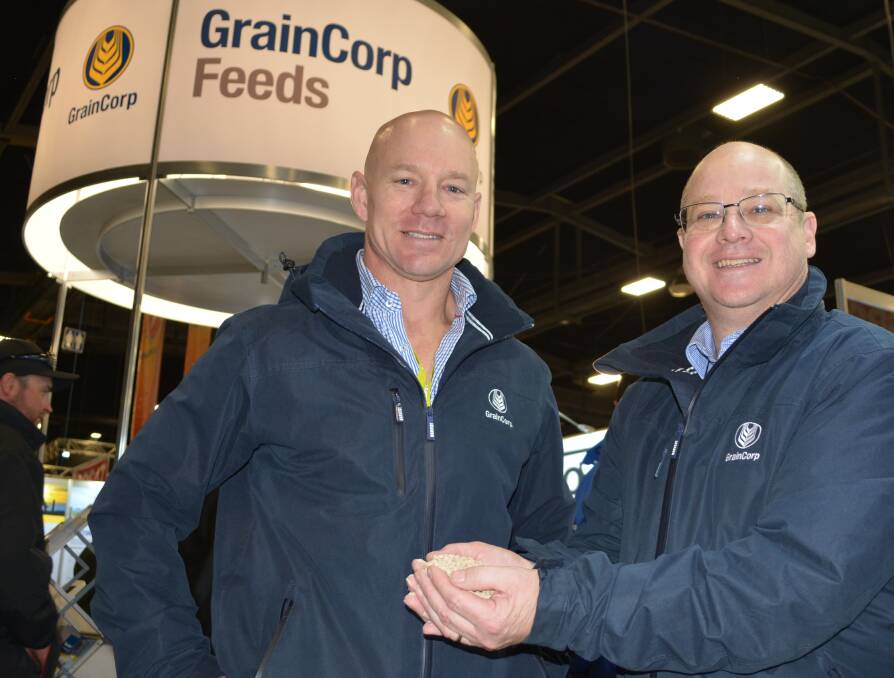 GrainCorp Feeds New Zealand general manager, Daniel Calcinai and GrainCorp Oils trading and risk manager, Jeff Summerville, with feed samples at the company's site at this month's national Fieldays at Mystery Creek.