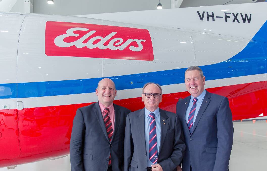 Launch Elders’ major sponsorship of the Royal Flying Doctor Service are Elders managing director, Mark Allison; RFDS Central Operations deputy chairman, Paul Prestwich, and deputy CEO,Tony Vaughan.