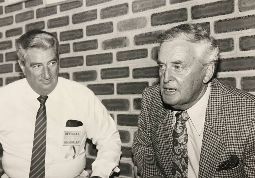 Chairman of Moree Joh for Canberra committee John Uebergang at a press conference in northern NSW with the Queensland Premier Joh Bjelke-Petersen rallying support for his unconventional push into federal politics in March 1987.