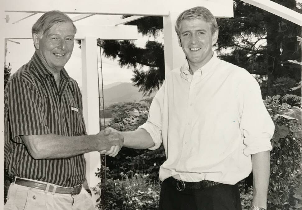 Doug Anthony congratulates son Larry on his election to federal parliament after the Anthony family name returns to represent the NSW Far North Coast seat of Richmond in 1996.