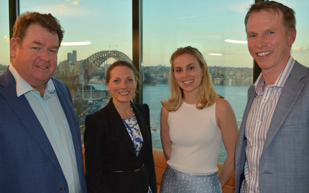 NSW Farm Writers' Association's Agribuzz speakers, the National Australia Banks regional and agribusiness executive, Khan Horn, and King and Wood Mallesons partner, Meredith Paynter with host and FTI Consulting senior agribusiness consultant, Claire Watson, and Farm Writers president George Hardy, at the FTI-hosted event.
