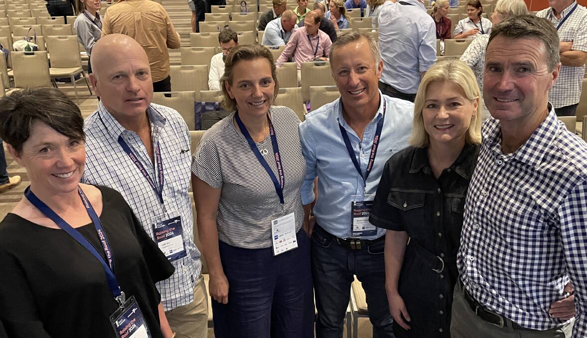 Victorian dairy shelter proponents telling their farms' stories at the Raising the Roof conference, Jodie and Colin Hay, Cohuna; Sarah and Stuart Crosthwaite, Kergunyah South, and Pep and Simon Rea, Panmure.