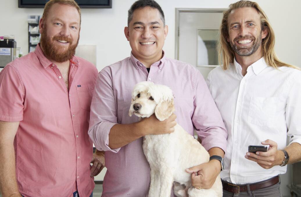 Vedi founders Dr Steve Joslyn, Anton Tjea, Ross Wyness, and Hugo the dog.