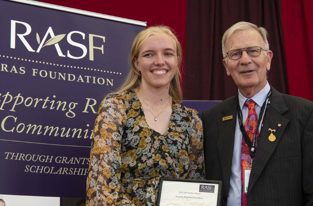 The 2022 recipient of the JB Fairfax Award for Rural and Regional Journalism and Communications, Kate Newsome, Glen Innes, with the RAS Foundation's John Fairfax.