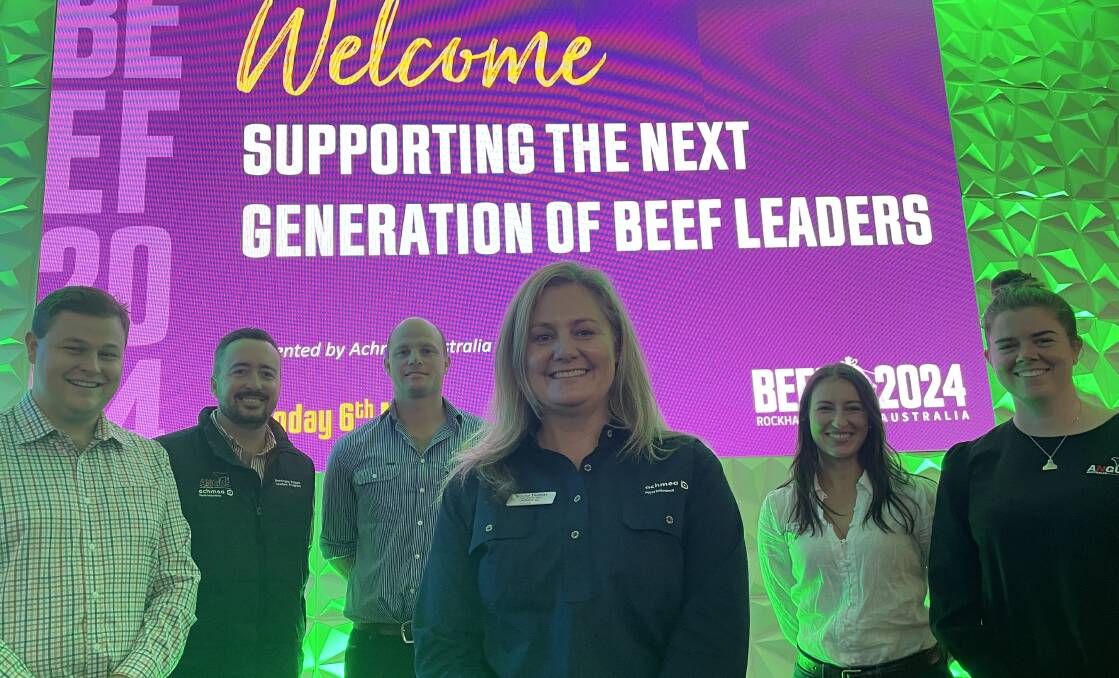 Achmea Australia chief executive officer, Emma Thomas (front) with fellow panelists at Beef Australia's next generation beef leaders seminar, Jack Laurie, Knowla Livestock and Breeder Genetics, Gloucester, NSW; Angus Australia extension manager, Jake Phillips, Naracoorte, South Australia; Ed Bradley, Hazeldean Angus, Cooma, NSW; Hannah Powe, Neogen Australia, Cargo NSW, and Angus Australia extension officer, Nancy Crawshaw, Hawkes Bay, New Zealand.