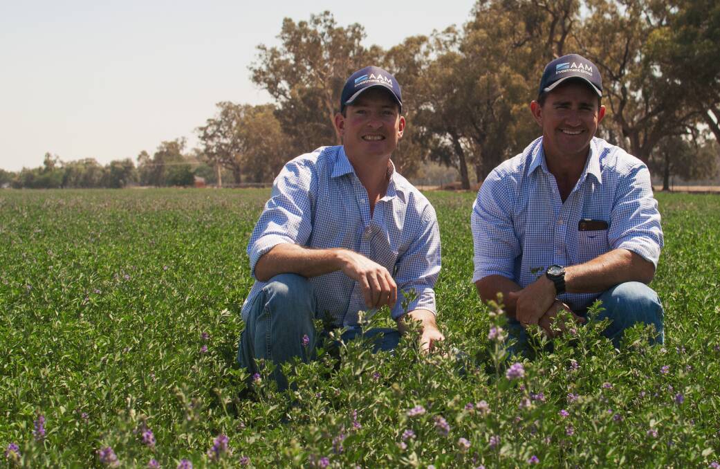 AAM southern portfolio manager, Nathan Morris, and Sunshine Farms operations manager Greg Wynn, on one of the Sunshine Farms properties, at Forbes, NSW.
