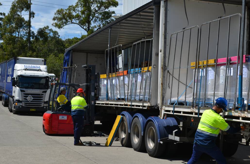 Truckloads of newly released broad spectrum herbicide Overwatch are loaded for Western Australia at FMC's NSW Central Coast plant. 