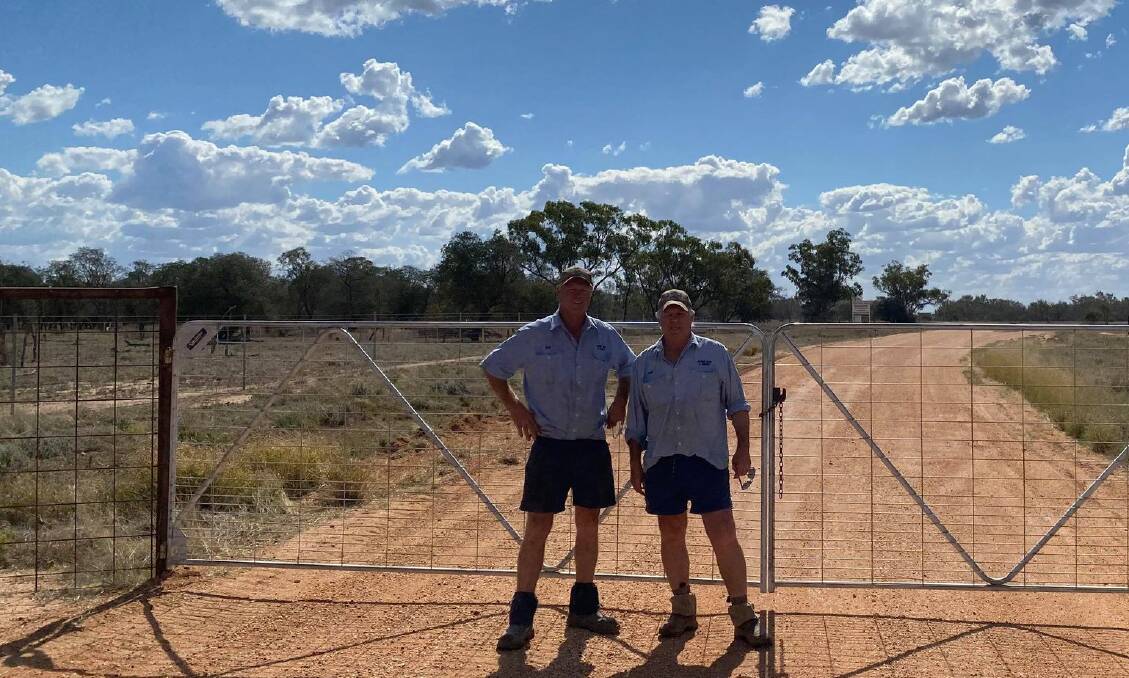 Ned and Frank Deshon in front of newly erected exclusion fencing now protecting a Dorper and goat breeding operation in South West Queensland

