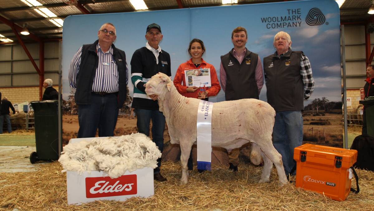 The 2020 PROram was won by the Campbell family's Coromandel stud, Gairdner. With the winning ram were Elanco account manager and competition sponsor David Howey (left), Coromandel stud principal Michael Campbell and stud connection Brianna Jones and judges Craig Jackson, Westerdale stud, McAlinden and Fred Leo, Leovale stud, Lake Grace.