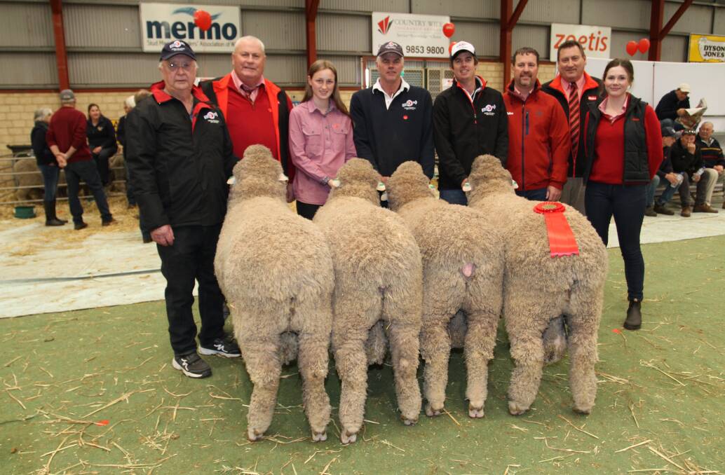Former Kolindale stud principal Colin Lewis (left), Kevin Broad, Elders stud stock, Kolindale stud connections Marian Lewis, Matthew and Luke Ledwith, Dudinin, Nathan King and Tim Spicer, Elders stud stock and Elders trainee Alex Prowse with the Kolindale stud's four Poll Merino rams that placed second in the Elders Expo Four shorn before April 20 class.