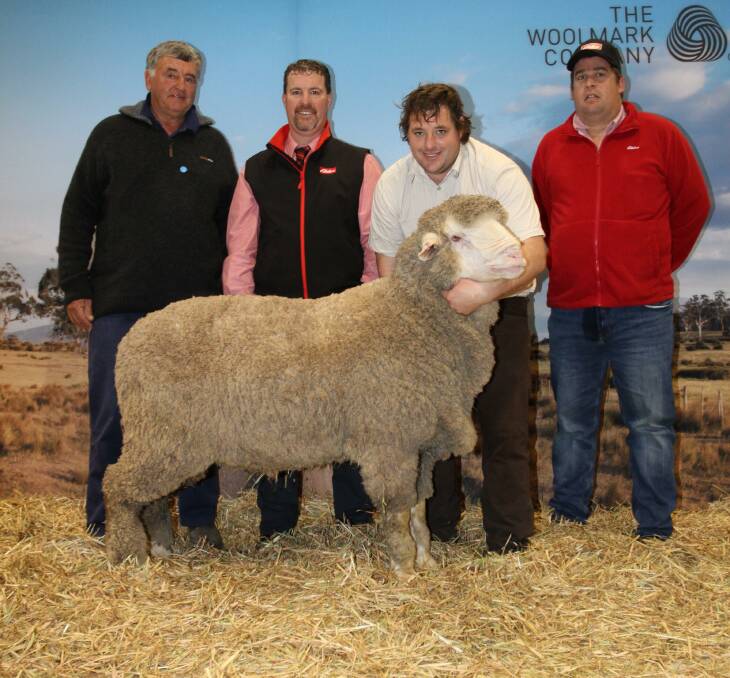 Buyer Bill Cowan (left), Crichton Vale stud, Narembeen, Seymour Park stud classer Nathan King, Elders stud stock, Seymour Park stud principal Clinton Blight, Highbury and Elders Narembeen branch manager Colin Ogilvie, with the Seymour Park ram that sold for the sale's $11,200 third top price.