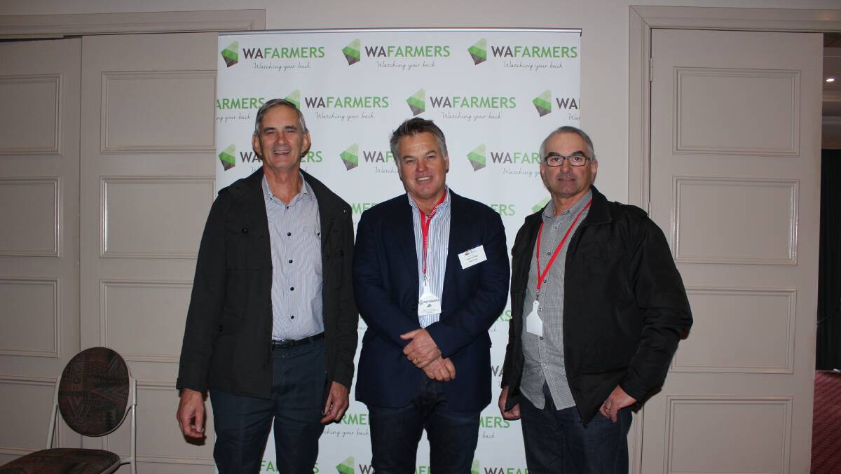 WAFarmers dairy section vice president Ian Noakes (left) and president Mike Partridge with Brunswick Junction dairy farmer Paul Ieraci. Mr Partridge plans to step aside at this year's dairy section annual general meeting and Mr Noakes has said he will nominate for the position.