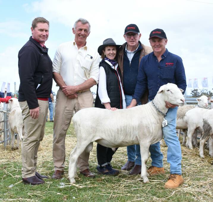 With the $30,000 third top-priced ram purchased by the Ware family, Leafdale, Queensland, at last week's National SheepMaster ram sale at Elleker were Elders, Albany representative David Lindberg (left), SheepMaster marketing and breeding consultant Andrew Hodgson, Ray White Livestock, Albany, who purchased the ram for the Wares, White Dog Lane stud's Alison Bannan, Neil Garnett and Brian Prater.
