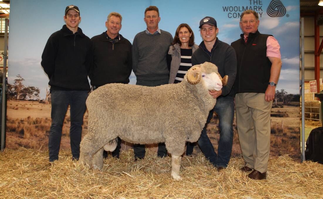 Fraser (left) and Richard House, Barloo stud, Gnowangerup, buyers Gavin and Trish Norrish, Angenup stud, Kojonup, Timm House, Barloo stud and Barloo stud classer Russell McKay, Elders stud stock, with the Barloo ram that sold for $10,500.