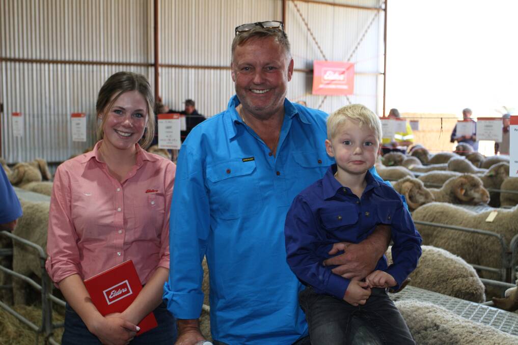 Elders wool and livestock trainee Alex Prowse with volume buyer Barry Large and his son Braxton, Moorara Farms, Miling, before the Cardiff sale where Mr Large purchased 17 Merino rams.