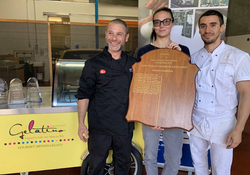 Gelatino owners Matteo Becocci (left) and Marica Matteini with gelato maker Marco Grilletto. Gelatino won the overall 2020 WA Grand Champion Dairy Product for its Goat Cheese and Figs ice-cream. The same product also won both the Champion Ice-Cream and Innovation Award and Gelatino products won four gold medals and two silvers.