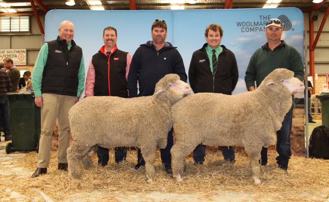 The San-Mateo stud, Brookton, purchased two Rhamily Poll Merino rams for $9200 and $6000 at the sale. With the rams were Rhamily stud representative Grant Lupton (left), Nutrien Livestock and Wool, Wongan Hills, San-Mateo stud classer Nathan King, Elders stud stock, Damien Morrison, San-Mateo stud, Mitchell Crosby, Nutrien Livestock Breeding and Nigel Morrison, San-Mateo stud.