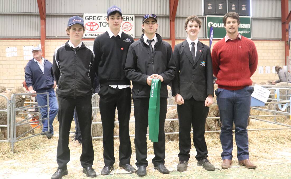 Fourth placers Cunderdin Ag students Archie Duncan (left), Hayden Fiegelt, Baily O'Driscoll and Wesley Underwood with judge Kurt Wise.