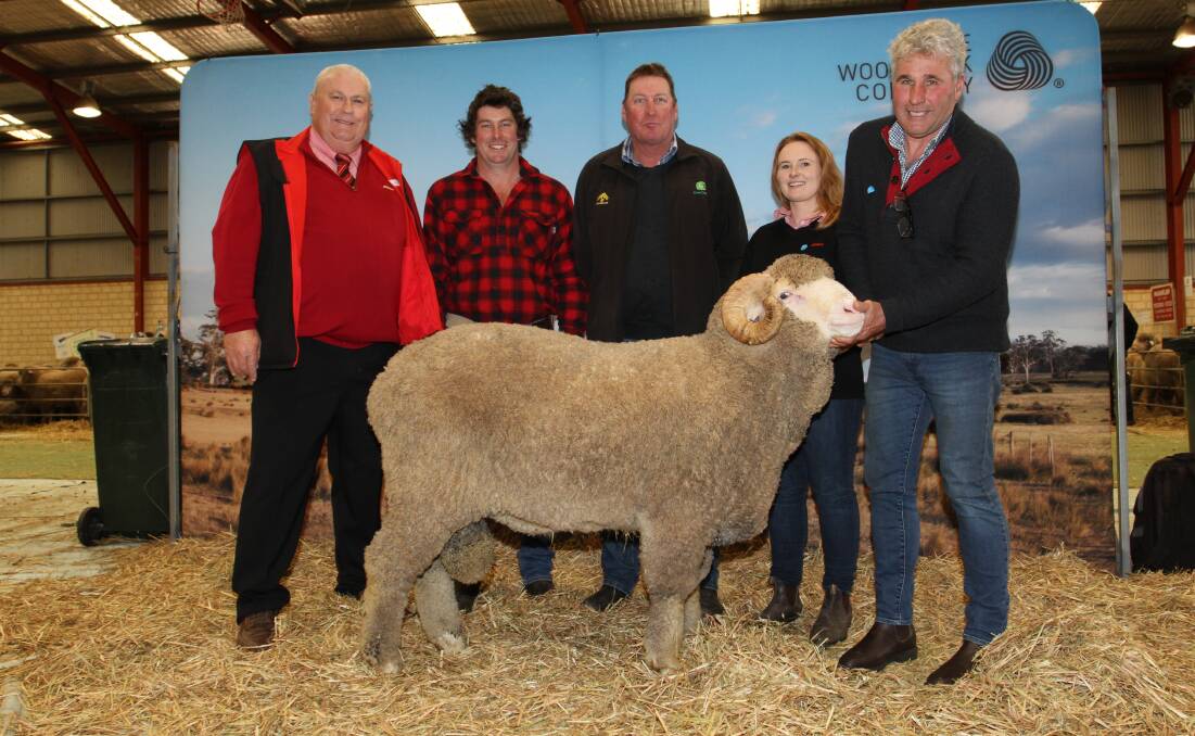 With the Woolkabin ram that sold for $10,000 at the sale were Wongamine Grazing classer Kevin Broad (left), Elders stud stock, buyers Glenn and Wayne Smith, Wongamine Grazing, Northam, Elders Avon Valley and North Midlands wool representative Breanna Hayes and Woolkabin stud co-principal Eric Patterson, Woodanilling.