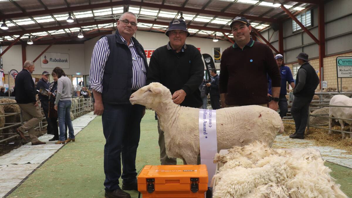 The PROewe title was won by St Quentin stud, Nyabing. With the winning ewe were Elanco account manager and competition sponsor David Howey (left) and St Quentin principals Graeme and Scott Crosby.