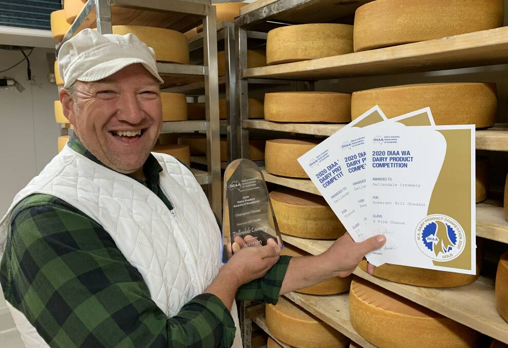 Dellendale Creamery owner and cheesemaker Chris Vogel with some of his cheeses ripening in the cellar. Dellendale Creamery won the 2020 WA Champion Cheese for its Somerset Hill Cheddar and Dellendale products won three gold medals and three silvers.