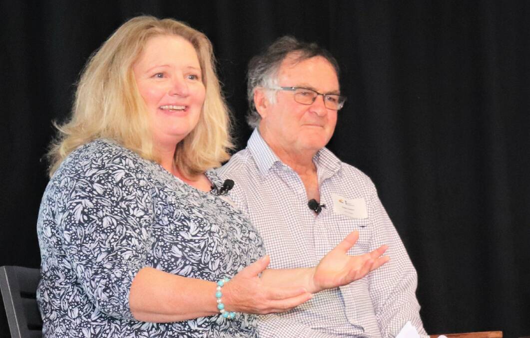 Jindong dairy farmer Peter Evans and another former Western Dairy chairperson, Waroona dairy farmer Vicki Fitzpatrick at a Western Dairy function last year to discuss levies.