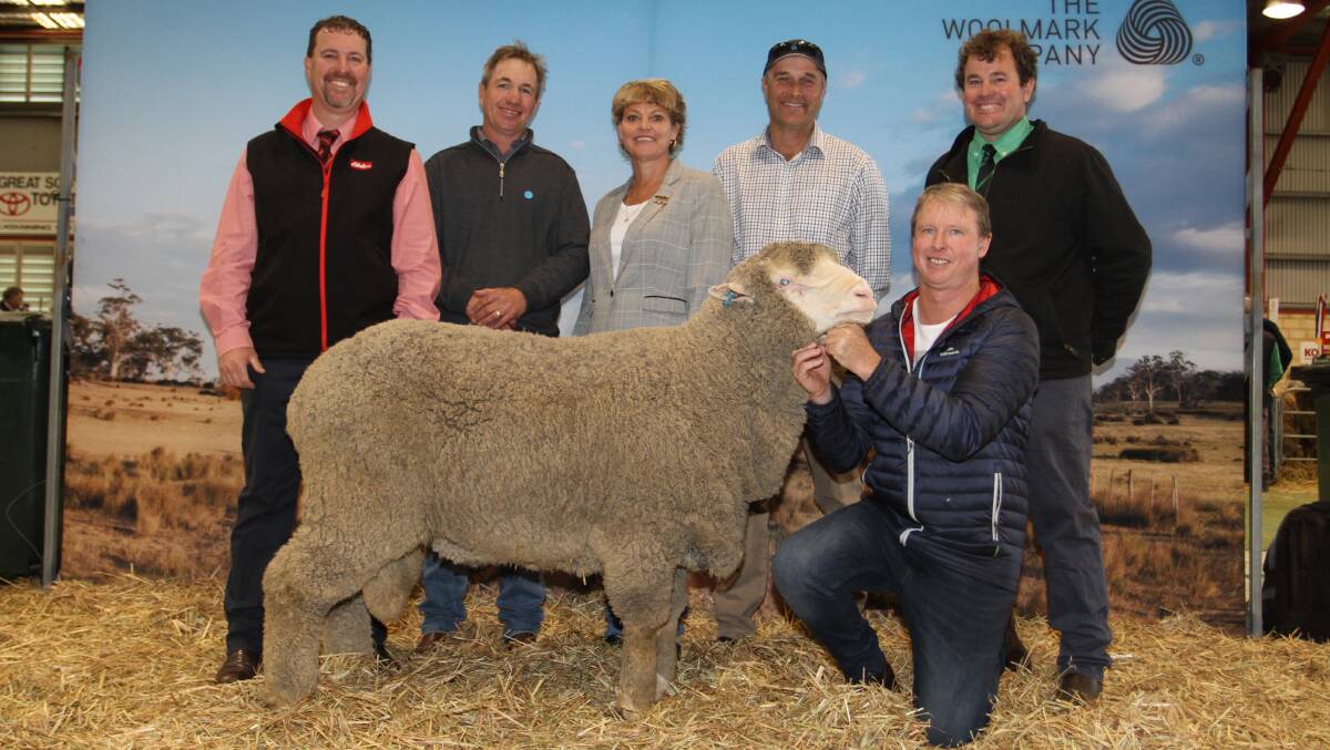 The $33,000 top-priced ram for the season across all breeds was sold by the Gooding and Robinson families, East Mundalla stud, Tarin Rock at the WA Sheep Expo & Ram Sale at Katanning in August, when this March shorn Poll Merino ram sold to the Belka Valley stud, Bruce Rock, with semen shares going to the Eastville Park stud, Wickepin and Greenfields stud, Hallett, South Australia. With the ram were Elders stud stock representative Nathan King (left), buyers Grantly Mullan, Eastville Park and Robyn and Phil Jones, Belka Valley stud, East Mundalla stud co-principal Daniel Gooding and Nutrien Livestock Breeding representative Mitchell Crosby.
