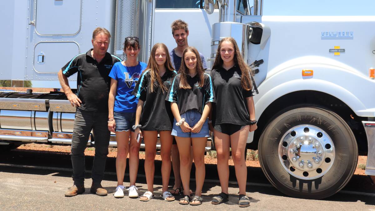 Farmers and transport business owners Greg (left) and Leanne Fisher with their children Cameron, 26, Chloe, 13 and Montana 15 and friend Lucy Hart, 16.