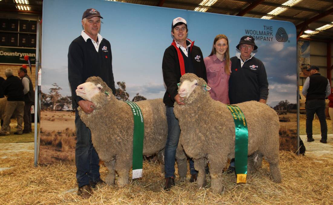 GRAND CHAMPION PAIR OF RAMS: The Kolindale stud, Dudinin, exhibited the grand champion pair of rams and champion pair of March shorn rams. With the rams were Kolindale stud connections Matthew (left) and Luke Ledwith, Marian Lewis and Arthur Major.