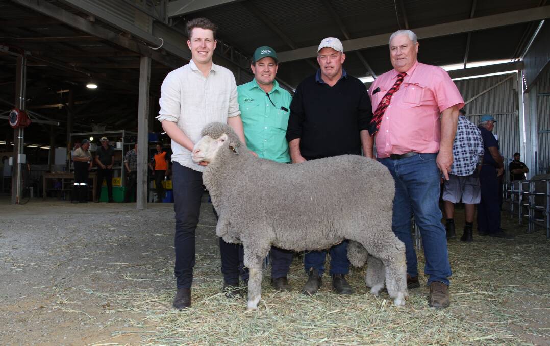 With the $11,250 top-priced ram at the fourth annual Kamballie on-property Merino and Poll Merino ram sale at Tammin last week were Curtis Mackin (left), Kamballie stud, Mitchell Crosby, Nutrien Livestock Breeding, Shayne Mackin, Kamballie stud and buyer Kevin Broad, Elders stud stock, who purchased the ram on behalf of the Grass Valley Poll Merino stud, Grass Valley.