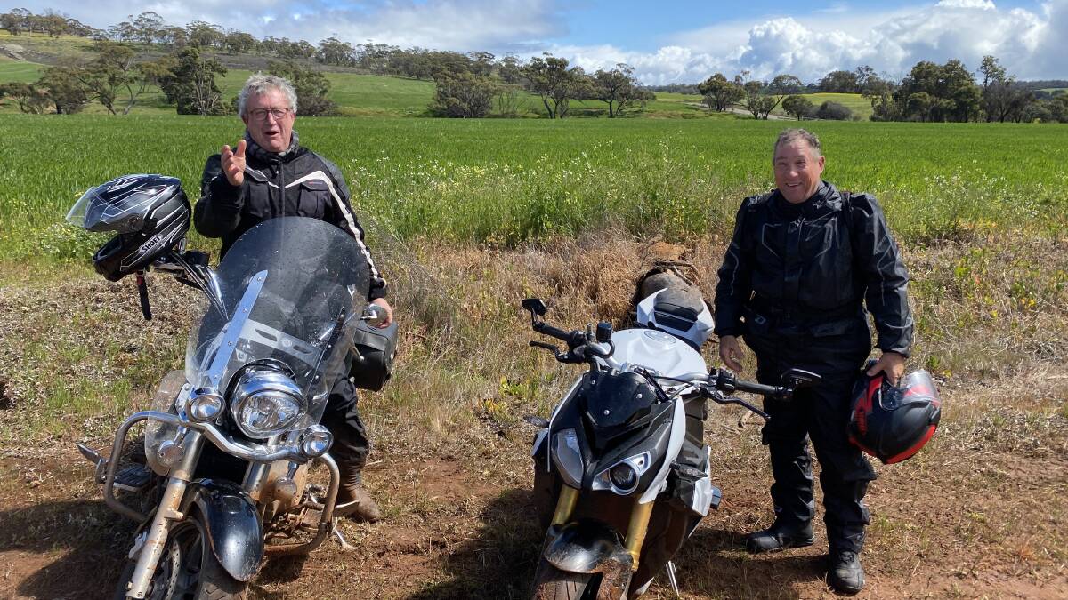  Michael Brennan, formerly of Wongan Hills, and Greg Cocking, Wannamal, pictured explaining just how hard it is to ride road bikes on slippery Avon Valley roads.