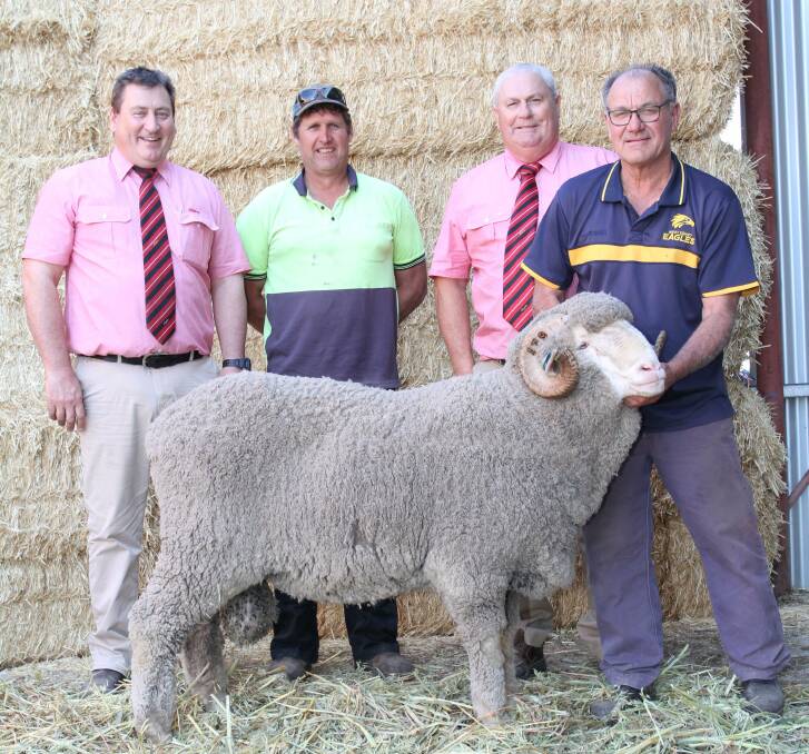 With the $6600 top-priced ram at the Cardiff Merino and Poll Merino stud's second annual on-property ram sale at Yorkrakine last week were Elders stud stock manager Tim Spicer (left), buyer Derek Hooper, Wanjalonar stud, Narembeen, Wanjalonar and Cardiff stud classer Kevin Broad, Elders stud stock and Cardiff stud principal Quentin Davies.
