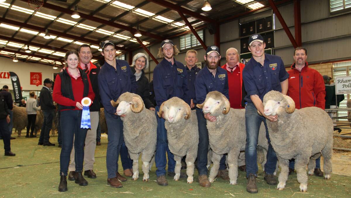 The Barloo stud, Gnowangerup won the Elders Expo Four shorn before April 20 class at this year's WA Sheep Expo & Sale at Katanning last week. With the group of March shorn Merino rams were Elders trainee Alex Prowse (left), Elders stud stock manager Tim Spicer, Barloo stud connections Fraser and Cindy House, Campbell Floyd, Richard House and Sam Vincent, Kevin Broad, Elders stud stock, Timm House, Barloo stud and Nathan King, Elders stud stock.