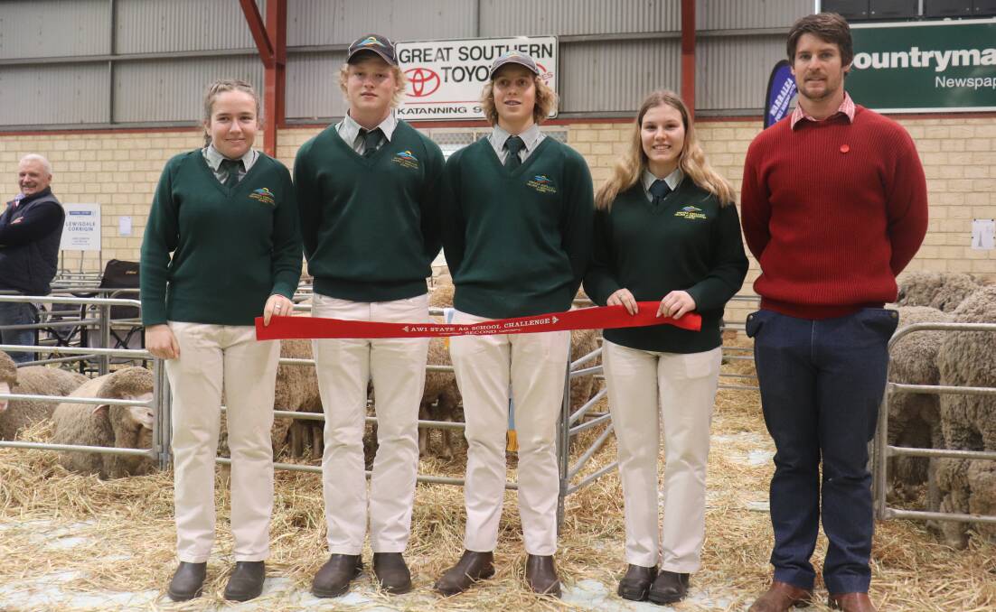 Second placegetters from Harvey Ag were Willow Williamson (left), Calvin Parker, Seb Omodei and Genevieve Holland and competition judge Kurt Wise.