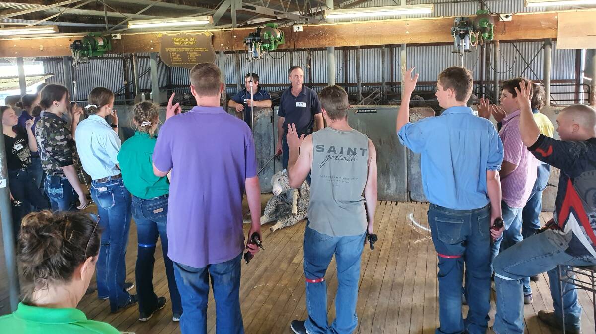 Upskilling: Leo Fittler and Matt Cumming were two of four industry veterans who delivered at the Wool Works Shearing School with THS students. Photo: Supplied