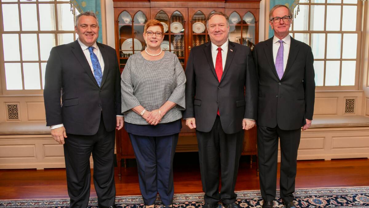 Then-Australian ambassador to the US Joe Hockey with Foreign Minister Marise Payne, US Secretary of State Mike Pompeo and then-US ambassador to Australia designate Arthur B. Culvahouse, Jr. in Washington, D.C. in 2019. Picture: US Department of State