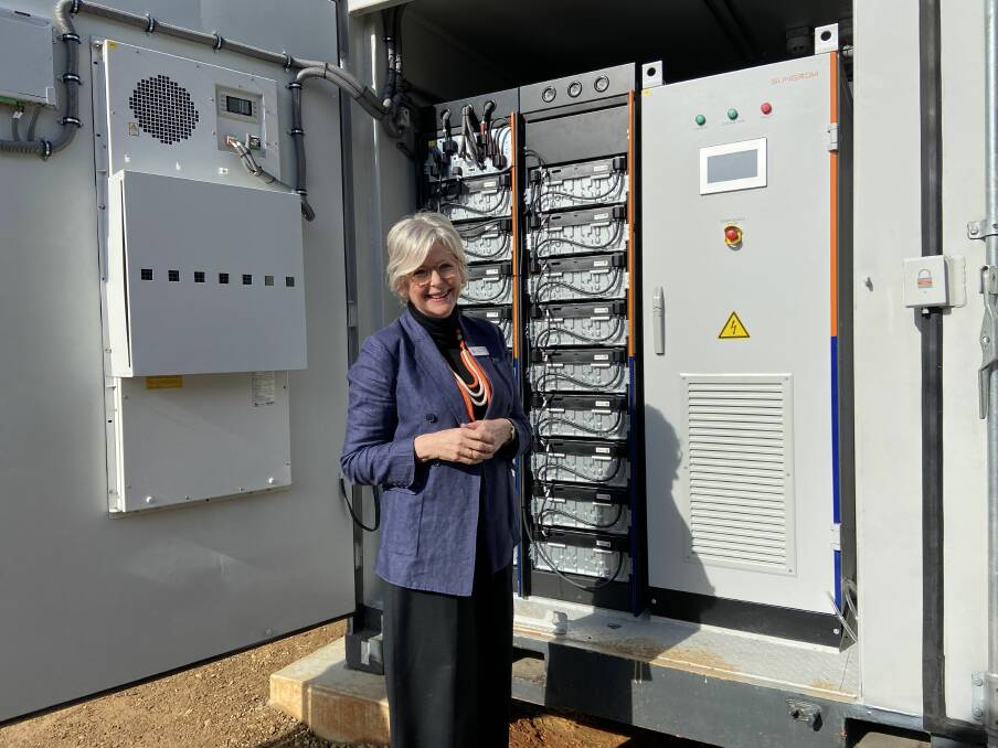 BRIGHT IDEA: Indi MP Helen Haines in front of the Yackandandah community battery, which could become commonplace across regional Australia if her proposal is approved. 