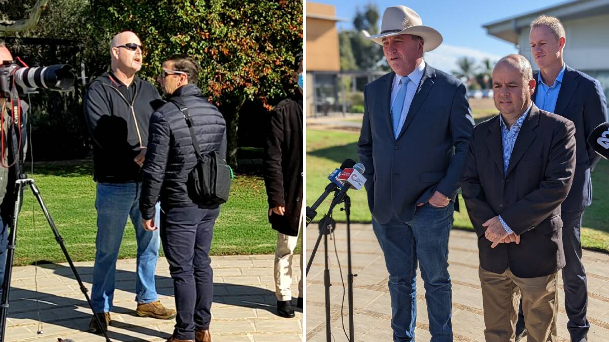 HECKLED: The heckler interrupted the press conference, yelling out 'Barnaby, you're corrupt', just moments after the Nationals leader said regional voters didn't care about an anti-corruption body.