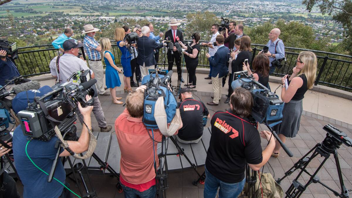 DISQUALIFIED: Barnaby Joyce address the media at Oxley Lookout following the ruling. Photo: Peter Hardin